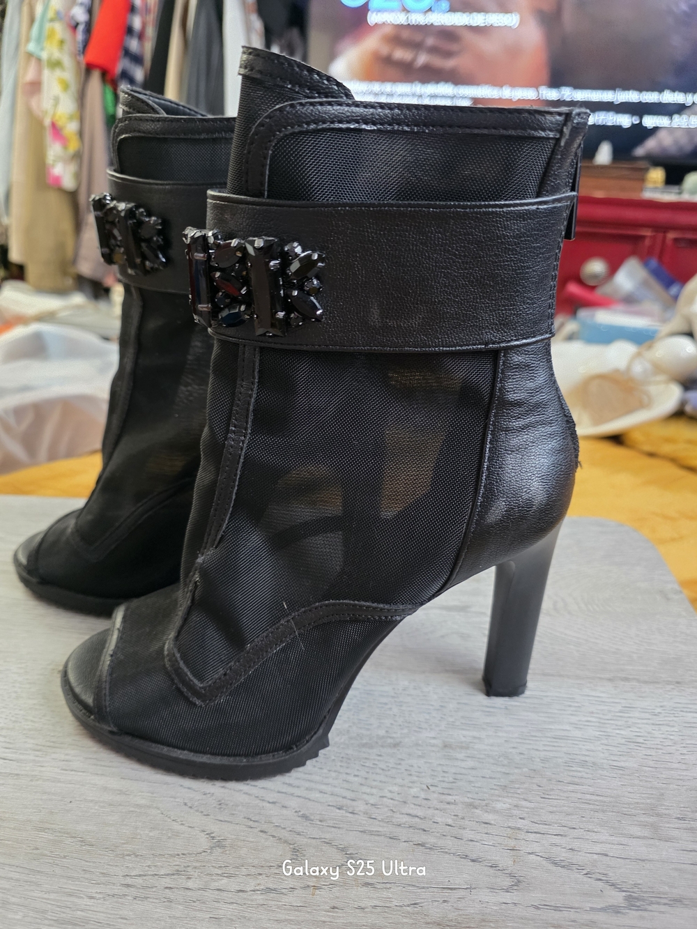 Karl Lagerfeld Black Mesh Peep-Toe High Heel Ankle Boots with Jeweled Strap